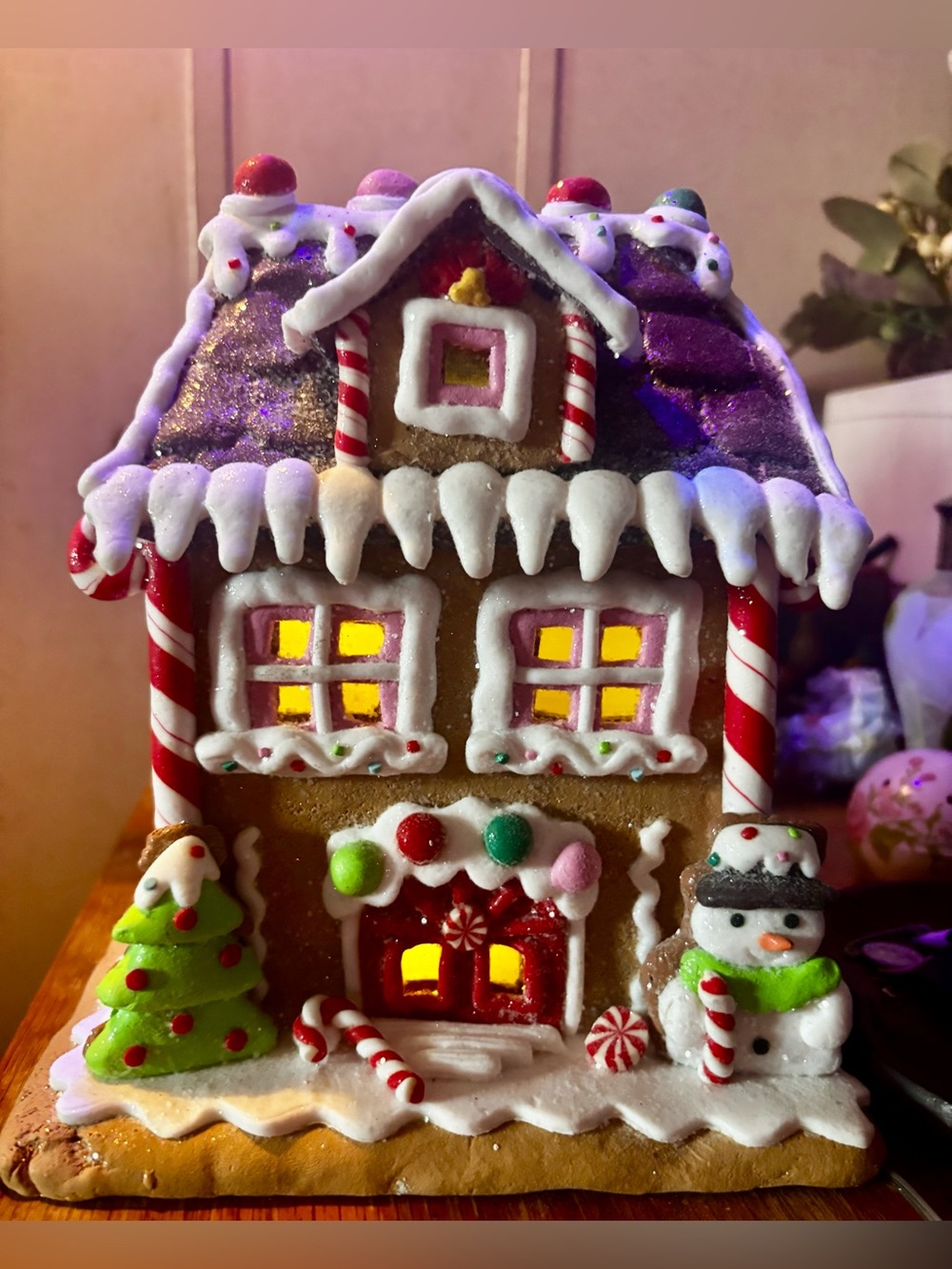 Holiday Gingerbread House Decor - Purple Roof